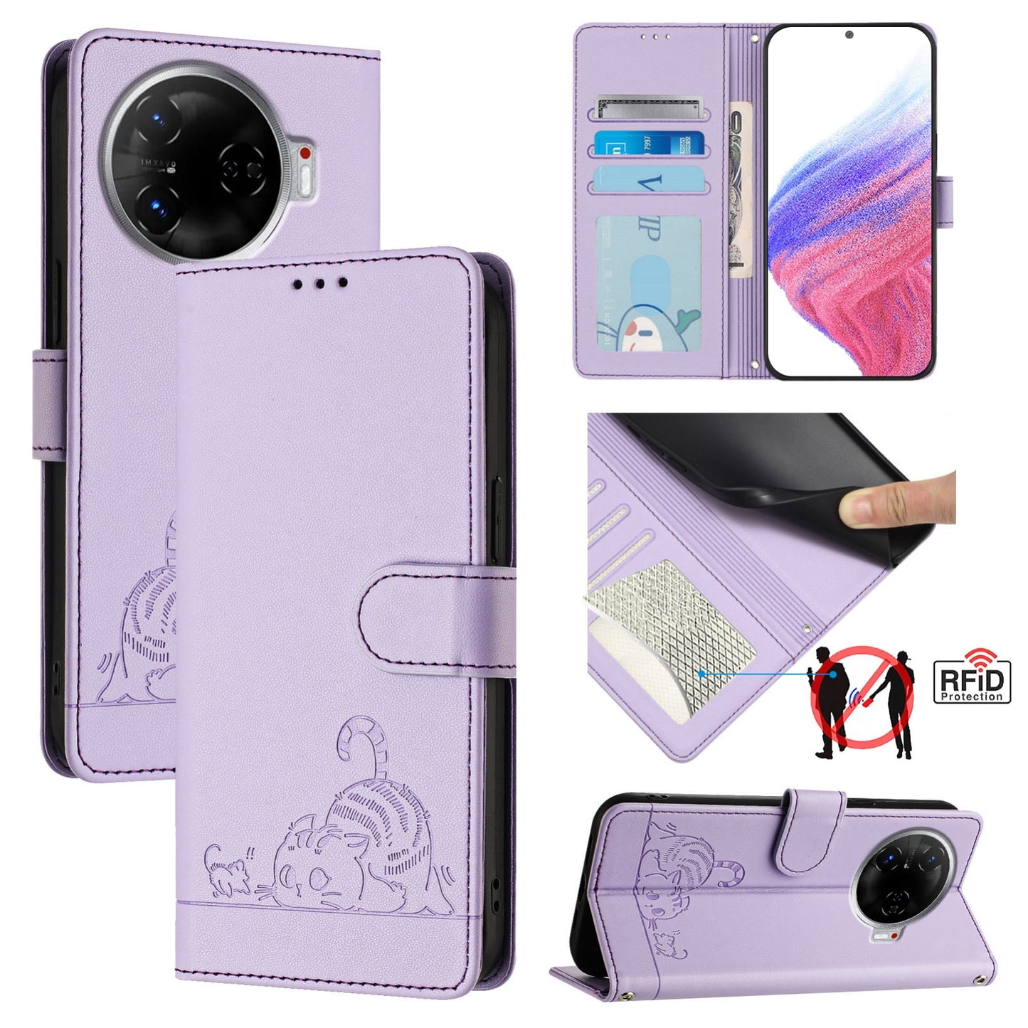 Tecno Camon 30 Pro 5G Leather Phone Case with Cat and Rat Embossed Pattern, RFID Protection, Card Holder Slots, Anti-fall Feature & Lanyard
