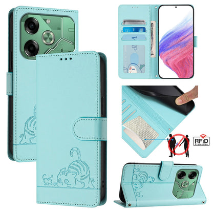 Tecno Pova 6 4G Leather Phone Case with Cat and Rat Embossed Pattern, RFID Protection, Card Holder Slots, Anti-fall Feature & Lanyard