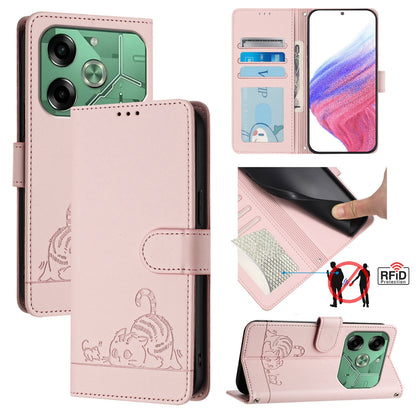 Tecno Pova 6 4G Leather Phone Case with Cat and Rat Embossed Pattern, RFID Protection, Card Holder Slots, Anti-fall Feature & Lanyard