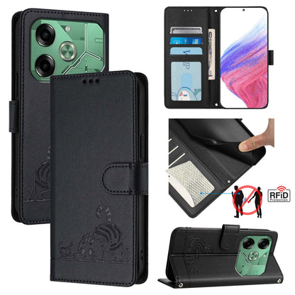 Tecno Pova 6 4G Leather Phone Case with Cat and Rat Embossed Pattern, RFID Protection, Card Holder Slots, Anti-fall Feature & Lanyard