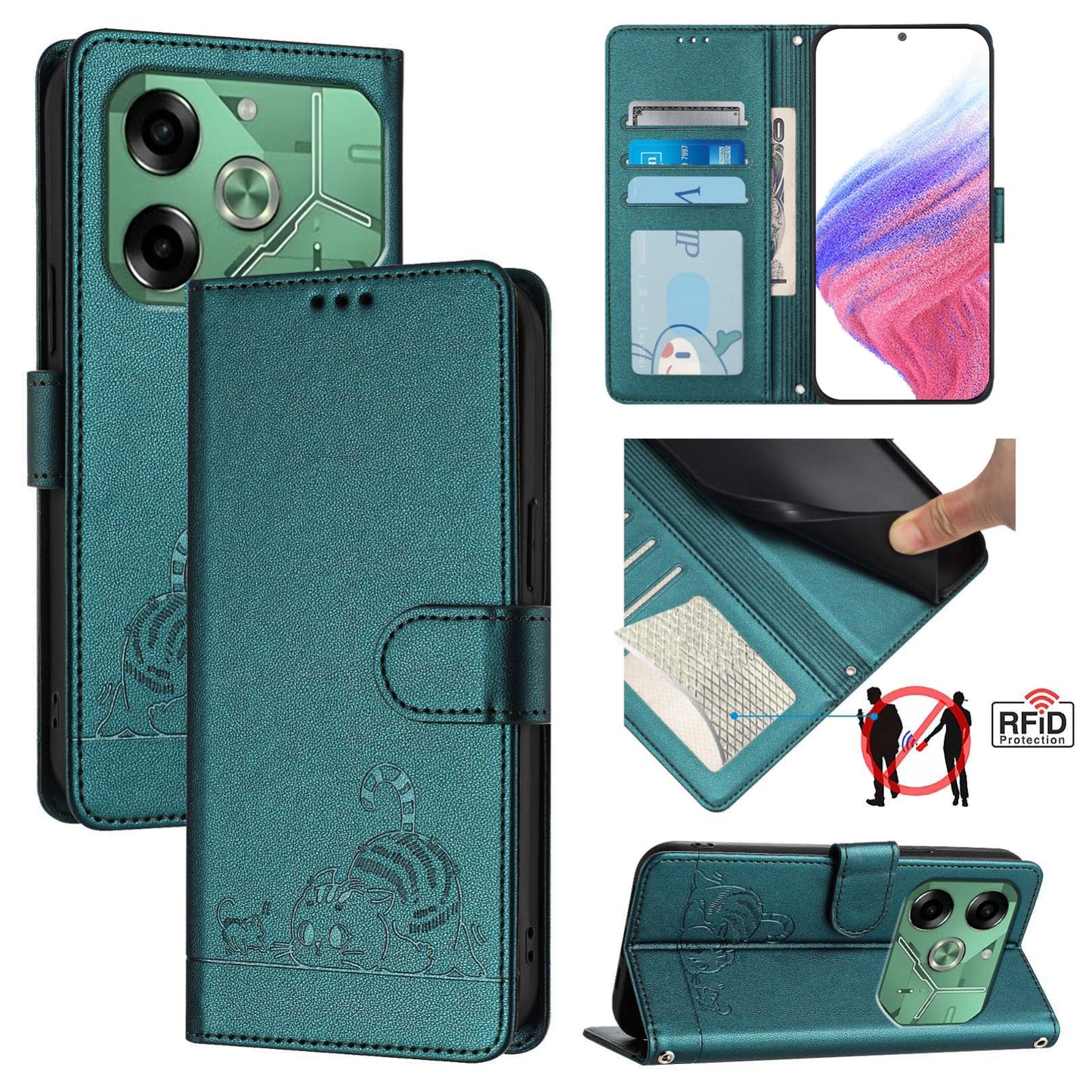 Tecno Pova 6 4G Leather Phone Case with Cat and Rat Embossed Pattern, RFID Protection, Card Holder Slots, Anti-fall Feature & Lanyard