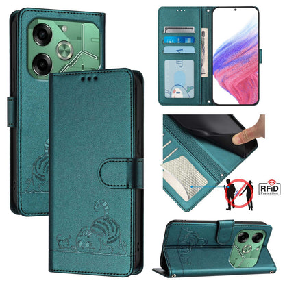 Tecno Pova 6 4G Leather Phone Case with Cat and Rat Embossed Pattern, RFID Protection, Card Holder Slots, Anti-fall Feature & Lanyard