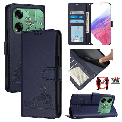 Tecno Pova 6 4G Leather Phone Case with Cat and Rat Embossed Pattern, RFID Protection, Card Holder Slots, Anti-fall Feature & Lanyard