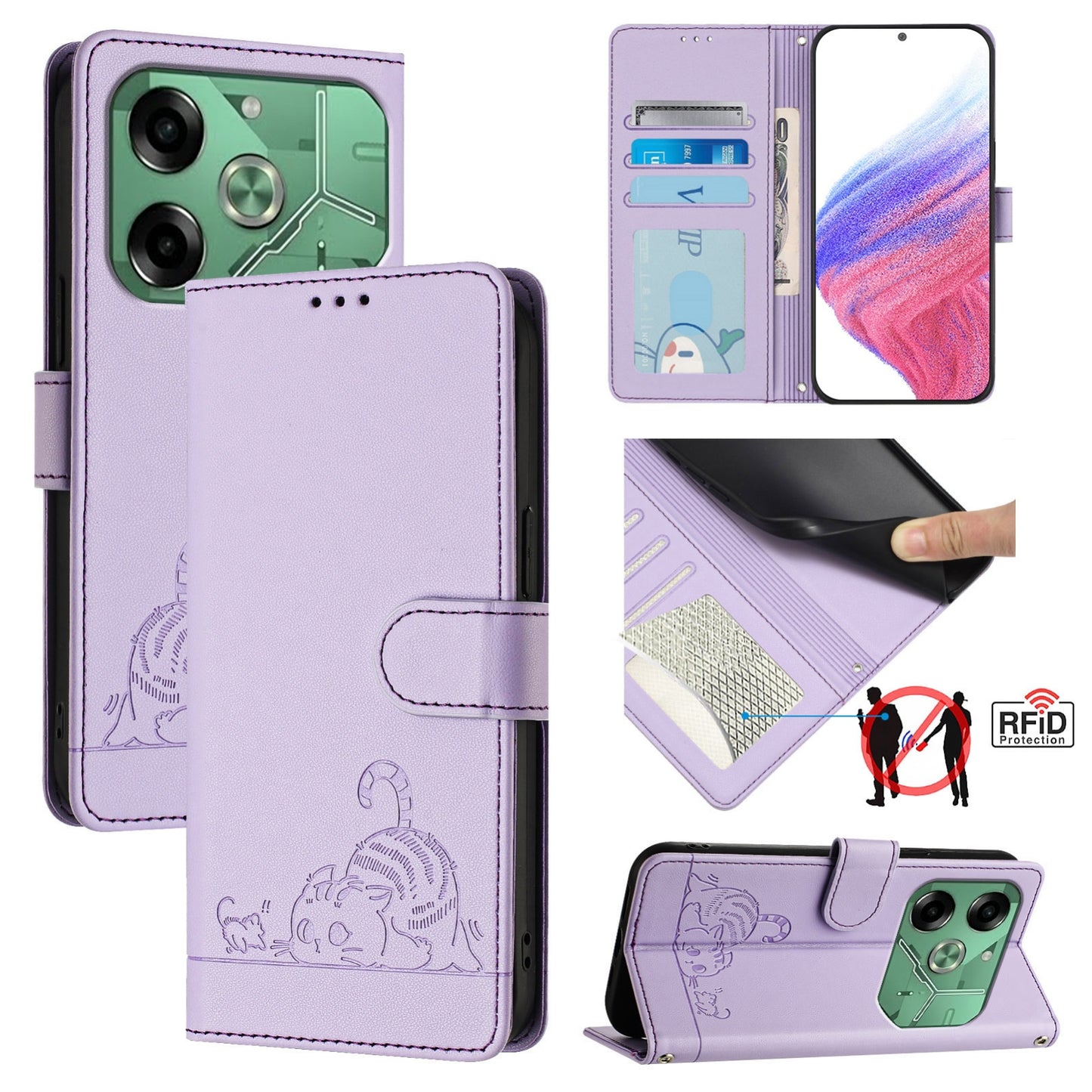 Tecno Pova 6 4G Leather Phone Case with Cat and Rat Embossed Pattern, RFID Protection, Card Holder Slots, Anti-fall Feature & Lanyard