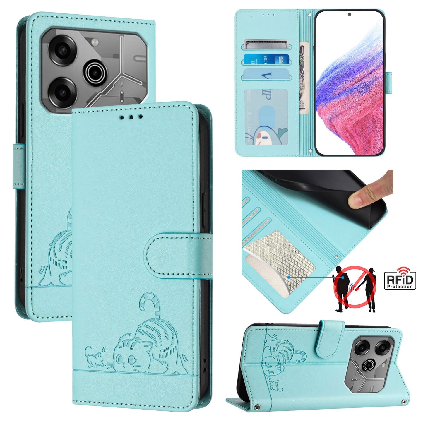 Tecno Pova 6 Neo Leather Phone Case with Cat and Rat Embossed Pattern, RFID Protection, Card Holder Slots, Anti-fall Feature & Lanyard