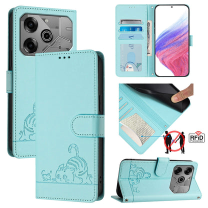 Tecno Pova 6 Neo Leather Phone Case with Cat and Rat Embossed Pattern, RFID Protection, Card Holder Slots, Anti-fall Feature & Lanyard