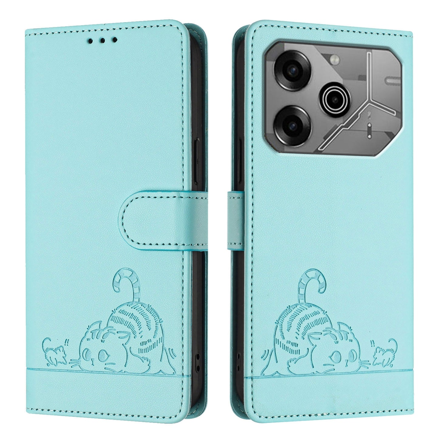 Tecno Pova 6 Neo Leather Phone Case with Cat and Rat Embossed Pattern, RFID Protection, Card Holder Slots, Anti-fall Feature & Lanyard