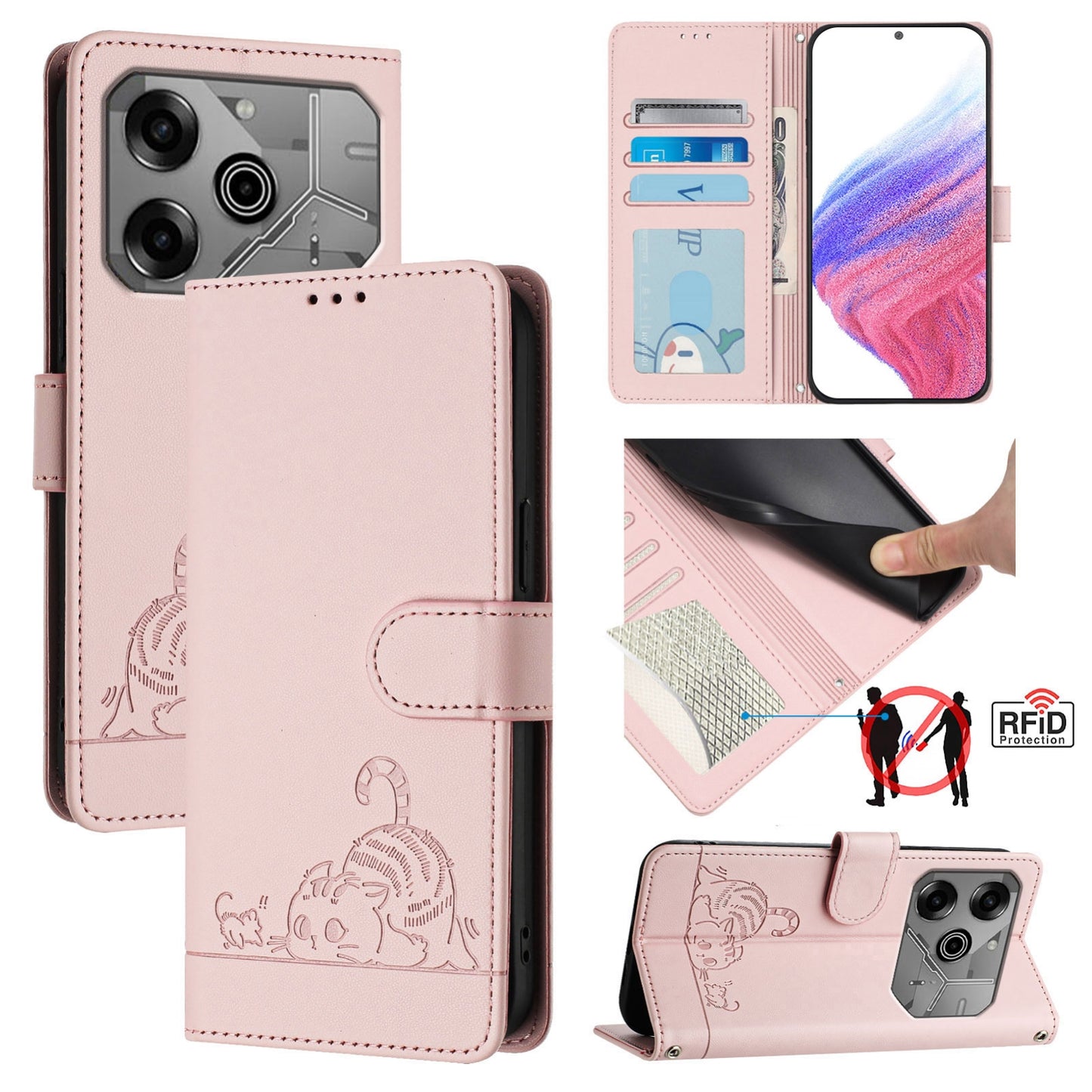 Tecno Pova 6 Neo Leather Phone Case with Cat and Rat Embossed Pattern, RFID Protection, Card Holder Slots, Anti-fall Feature & Lanyard