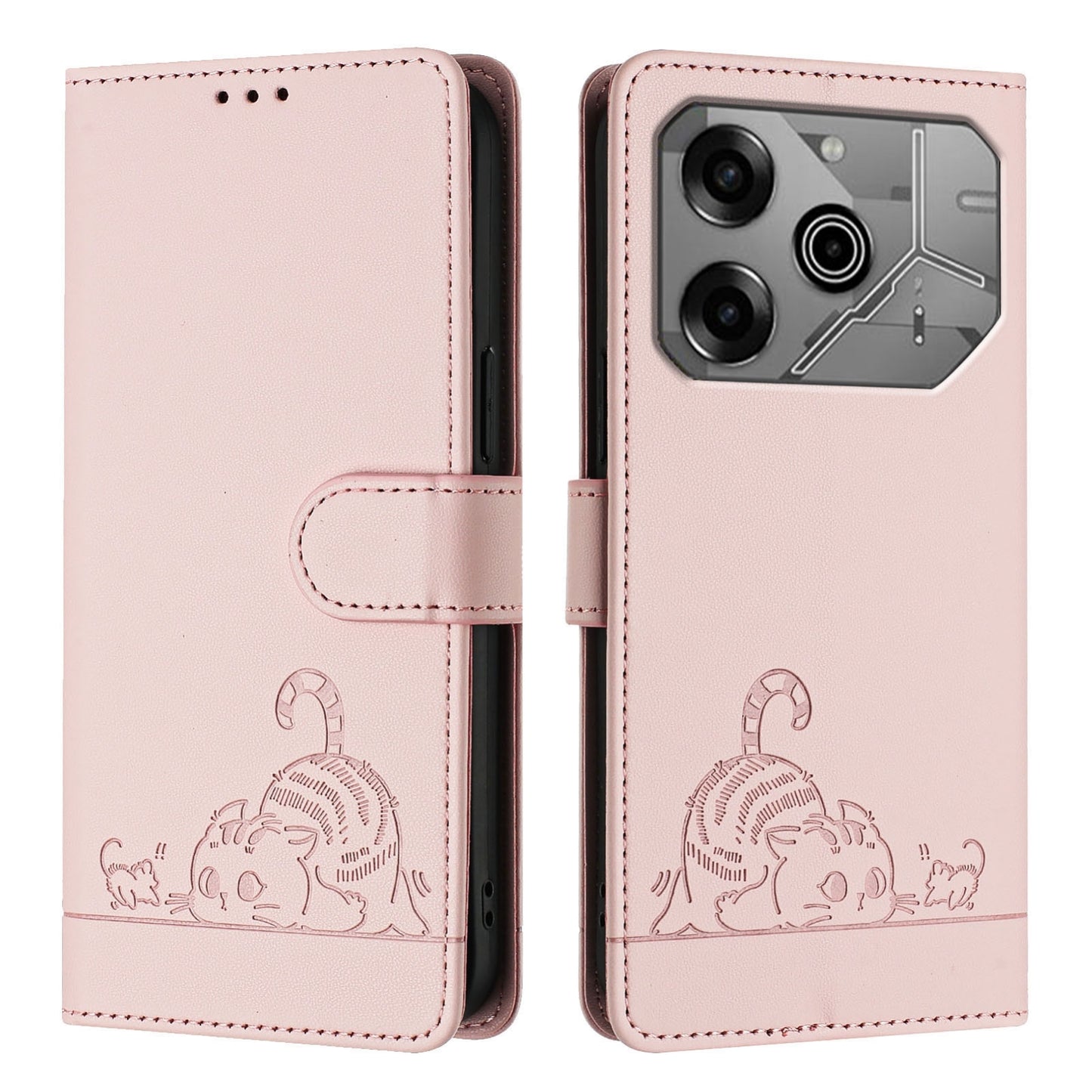 Tecno Pova 6 Neo Leather Phone Case with Cat and Rat Embossed Pattern, RFID Protection, Card Holder Slots, Anti-fall Feature & Lanyard