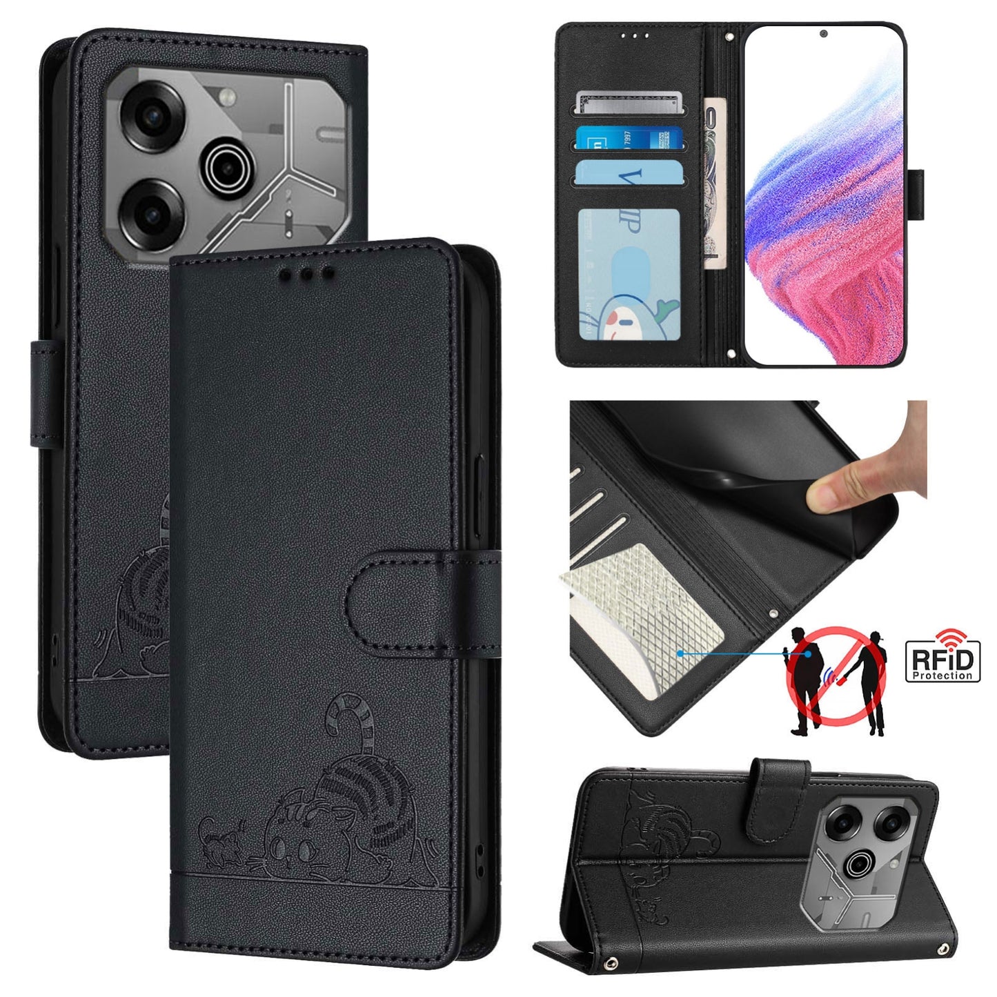 Tecno Pova 6 Neo Leather Phone Case with Cat and Rat Embossed Pattern, RFID Protection, Card Holder Slots, Anti-fall Feature & Lanyard