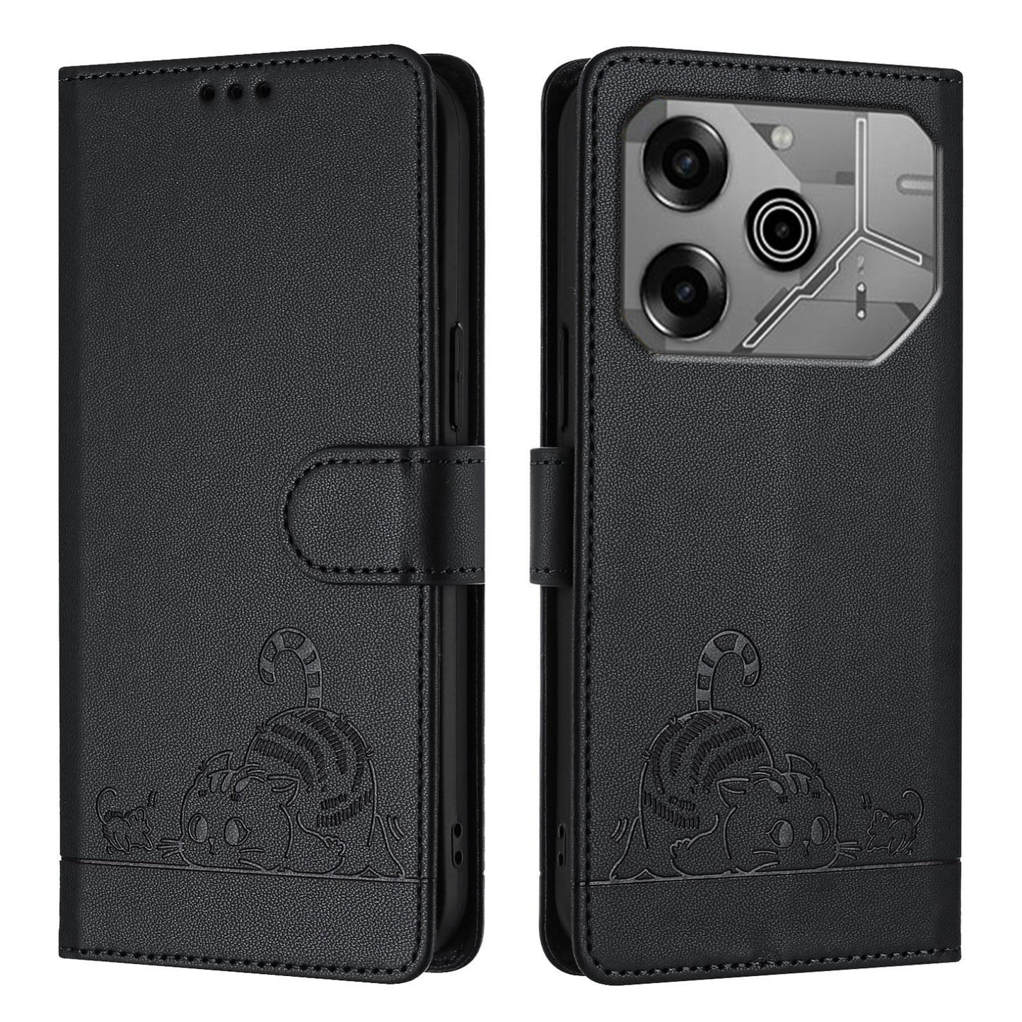 Tecno Pova 6 Neo Leather Phone Case with Cat and Rat Embossed Pattern, RFID Protection, Card Holder Slots, Anti-fall Feature & Lanyard