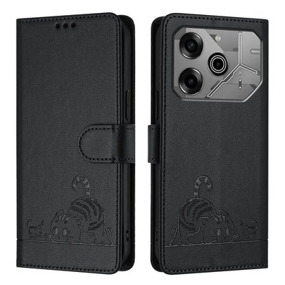Tecno Pova 6 Neo Leather Phone Case with Cat and Rat Embossed Pattern, RFID Protection, Card Holder Slots, Anti-fall Feature & Lanyard