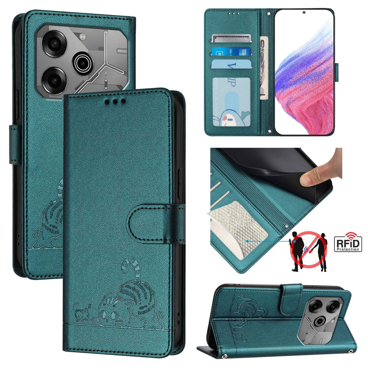 Tecno Pova 6 Neo Leather Phone Case with Cat and Rat Embossed Pattern, RFID Protection, Card Holder Slots, Anti-fall Feature & Lanyard