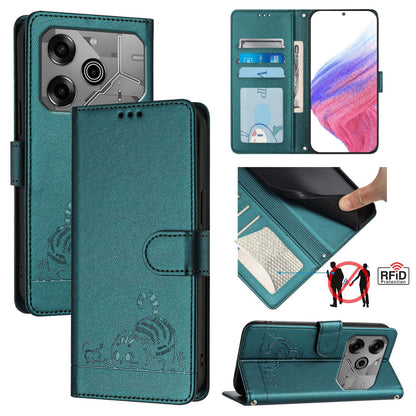 Tecno Pova 6 Neo Leather Phone Case with Cat and Rat Embossed Pattern, RFID Protection, Card Holder Slots, Anti-fall Feature & Lanyard