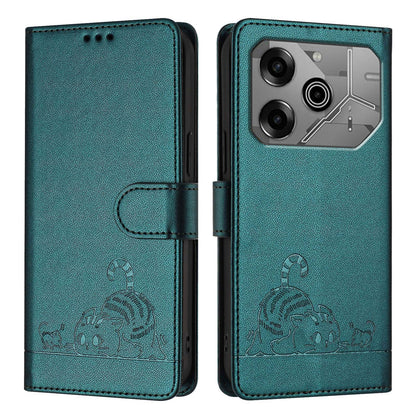 Tecno Pova 6 Neo Leather Phone Case with Cat and Rat Embossed Pattern, RFID Protection, Card Holder Slots, Anti-fall Feature & Lanyard