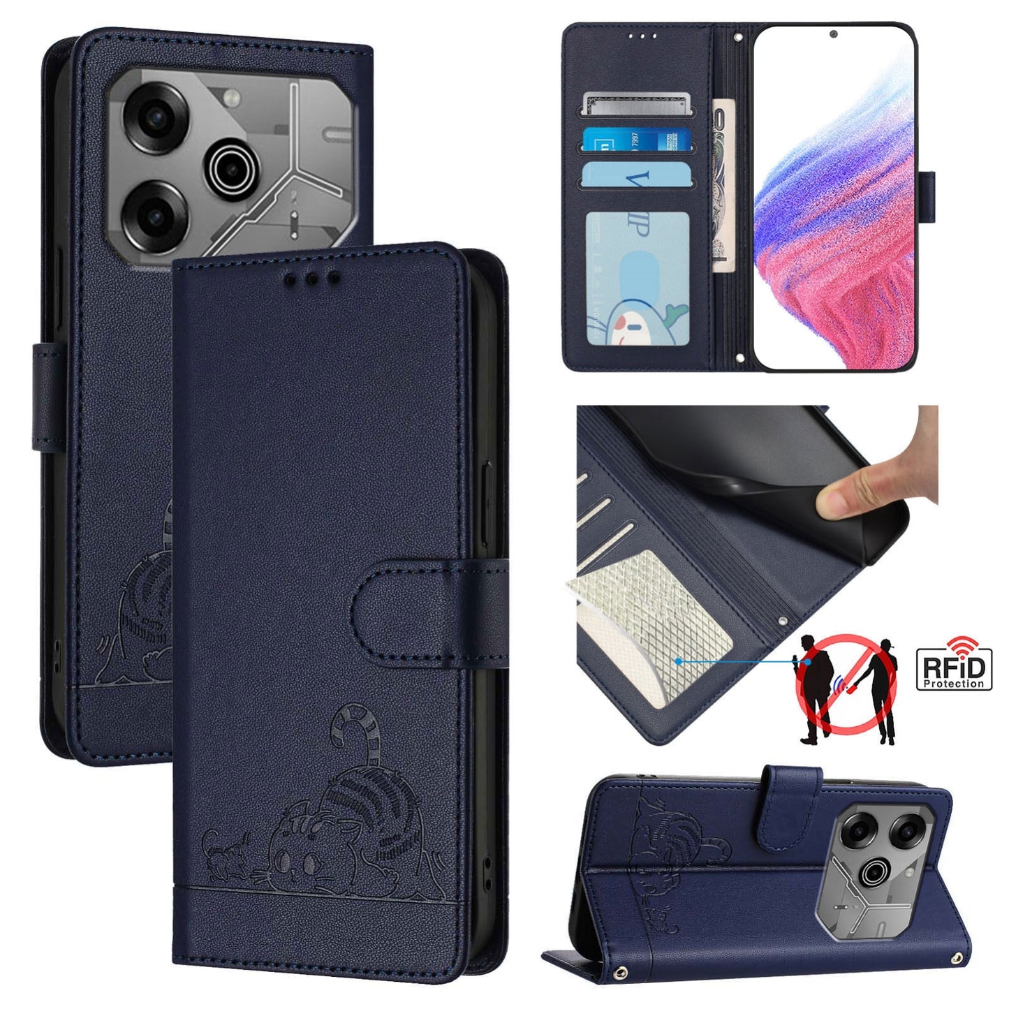Tecno Pova 6 Neo Leather Phone Case with Cat and Rat Embossed Pattern, RFID Protection, Card Holder Slots, Anti-fall Feature & Lanyard