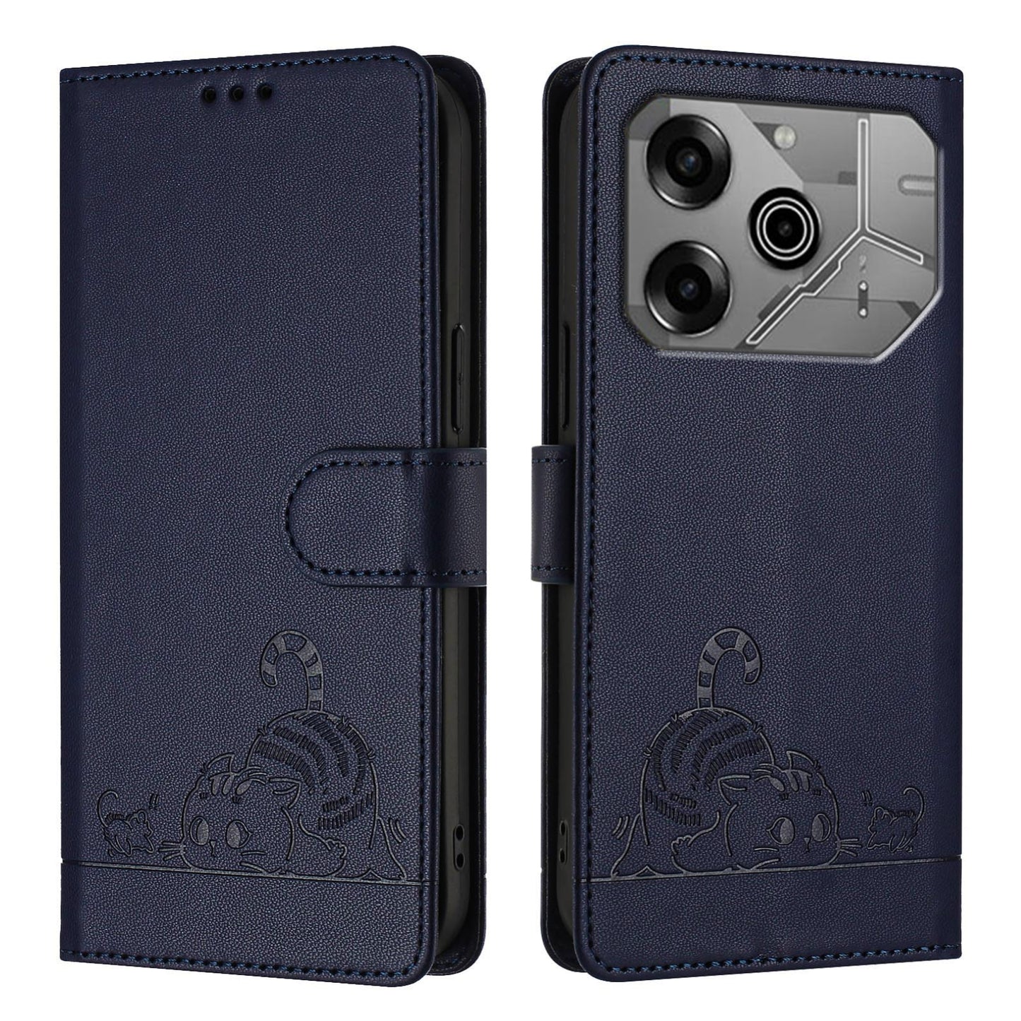 Tecno Pova 6 Neo Leather Phone Case with Cat and Rat Embossed Pattern, RFID Protection, Card Holder Slots, Anti-fall Feature & Lanyard