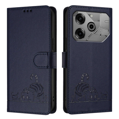 Tecno Pova 6 Neo Leather Phone Case with Cat and Rat Embossed Pattern, RFID Protection, Card Holder Slots, Anti-fall Feature & Lanyard