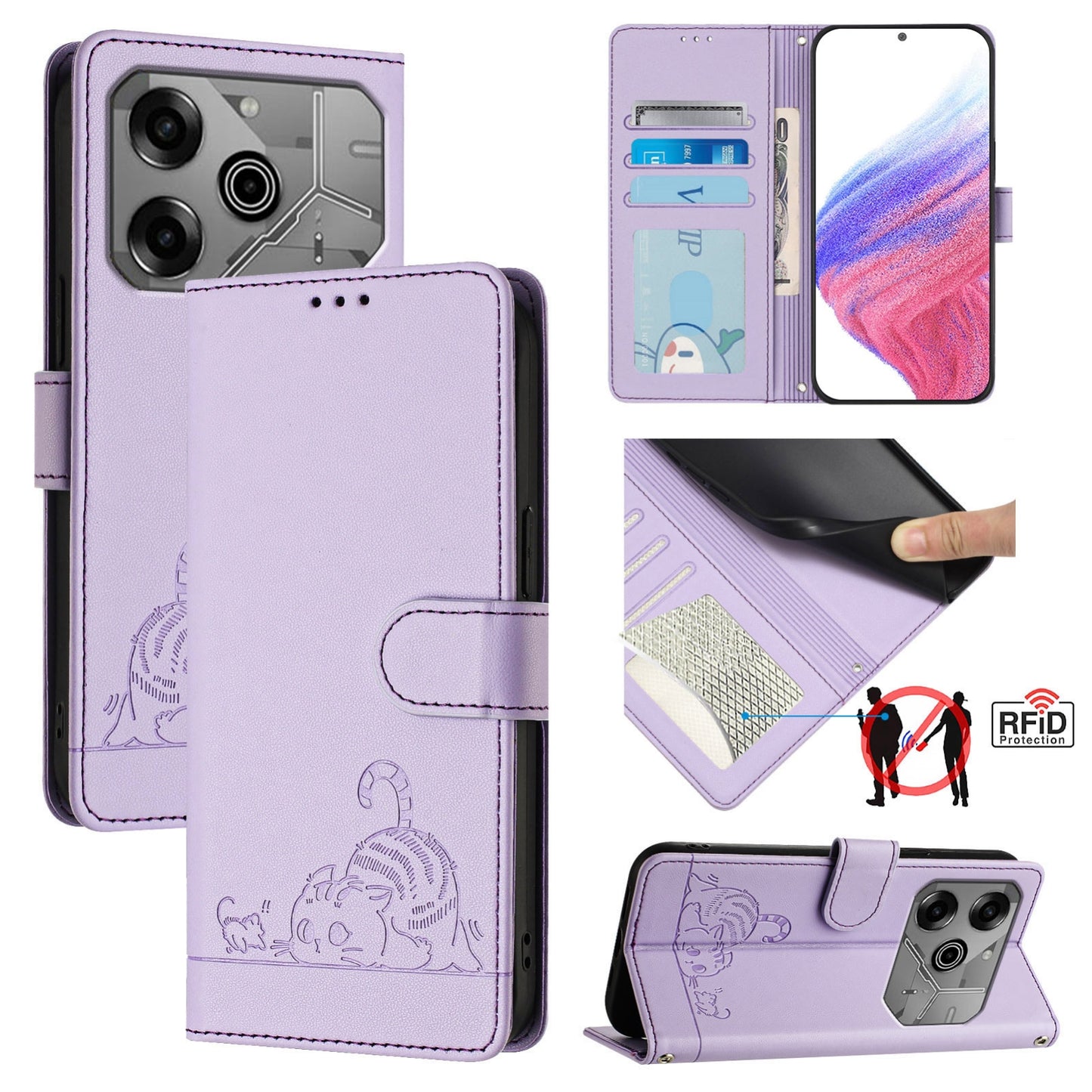 Tecno Pova 6 Neo Leather Phone Case with Cat and Rat Embossed Pattern, RFID Protection, Card Holder Slots, Anti-fall Feature & Lanyard