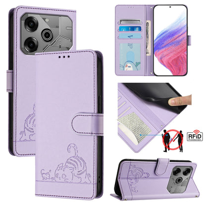 Tecno Pova 6 Neo Leather Phone Case with Cat and Rat Embossed Pattern, RFID Protection, Card Holder Slots, Anti-fall Feature & Lanyard