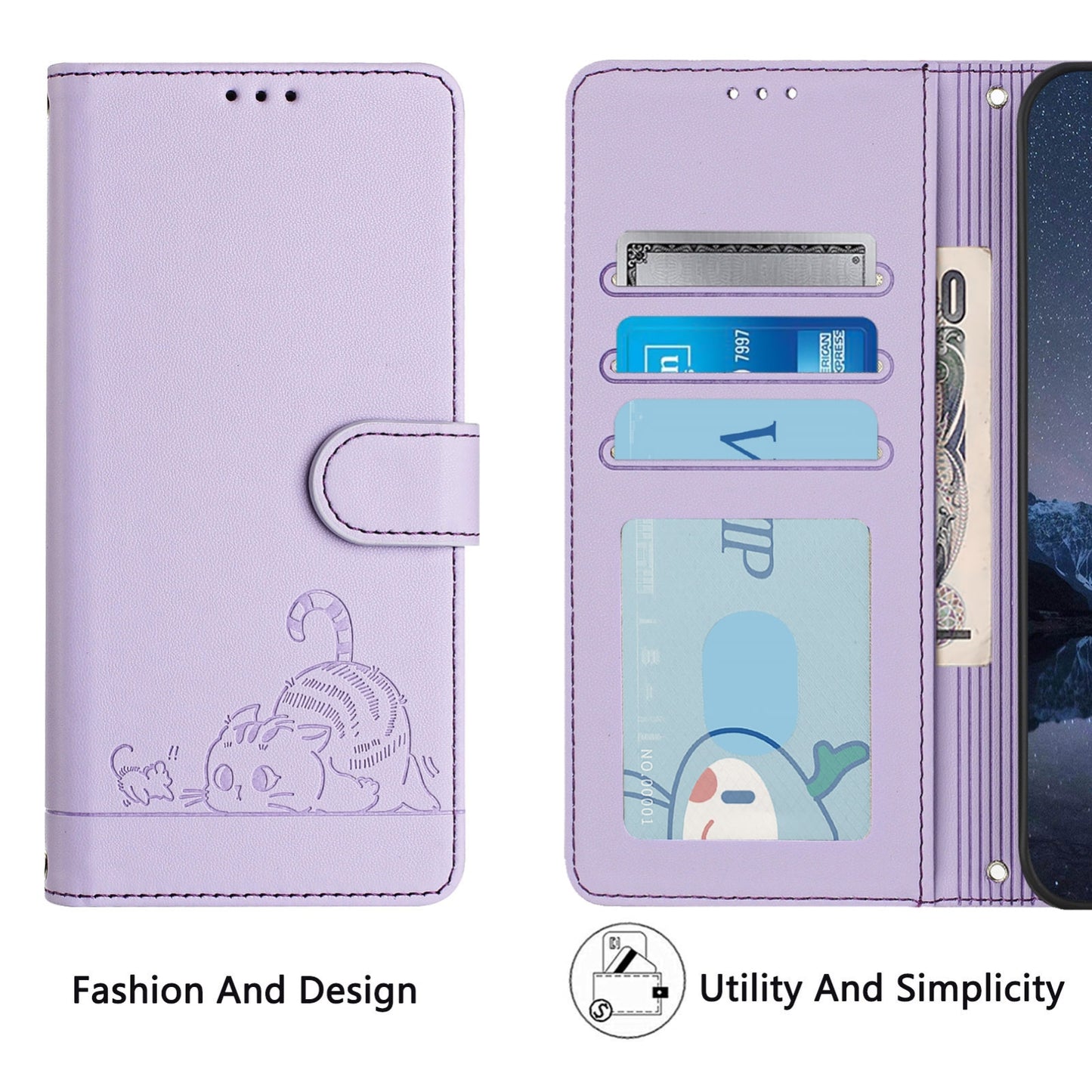 Tecno Pova 6 Neo Leather Phone Case with Cat and Rat Embossed Pattern, RFID Protection, Card Holder Slots, Anti-fall Feature & Lanyard