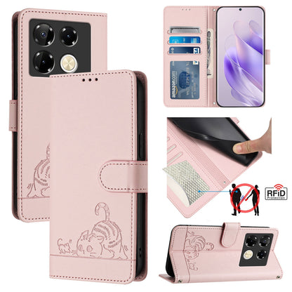 Infinix Note 40 Pro 4G X6850 Leather Phone Case with Cat and Rat Embossed Pattern, RFID Protection, Card Holder Slots, Anti-fall Feature & Lanyard