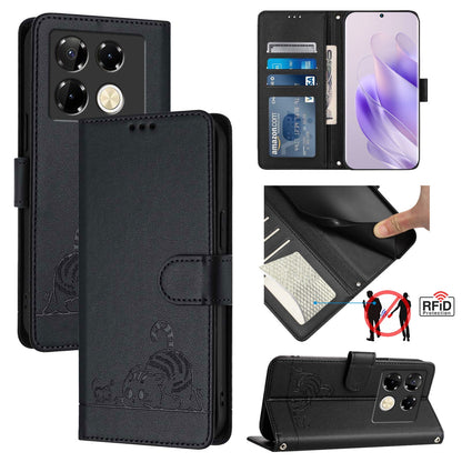 Infinix Note 40 Pro 4G X6850 Leather Phone Case with Cat and Rat Embossed Pattern, RFID Protection, Card Holder Slots, Anti-fall Feature & Lanyard