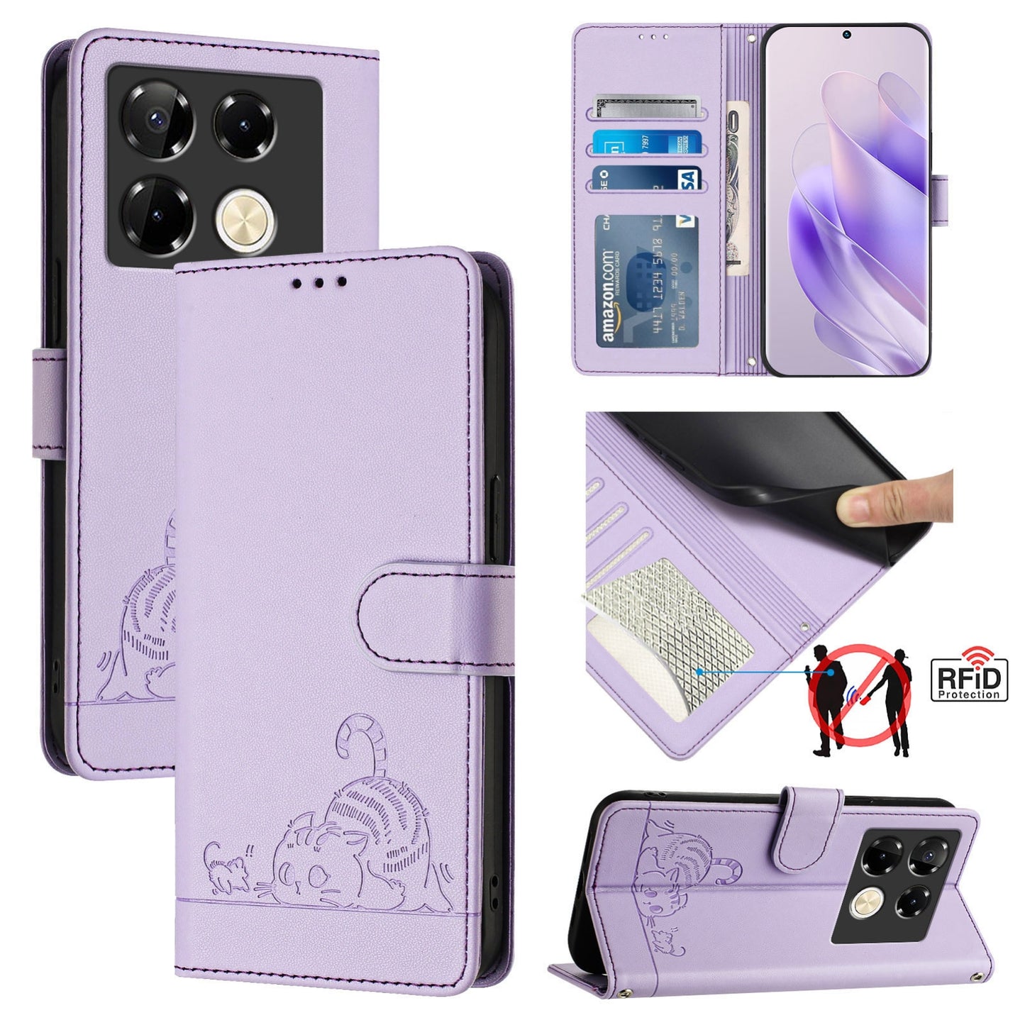 Infinix Note 40 Pro 4G X6850 Leather Phone Case with Cat and Rat Embossed Pattern, RFID Protection, Card Holder Slots, Anti-fall Feature & Lanyard