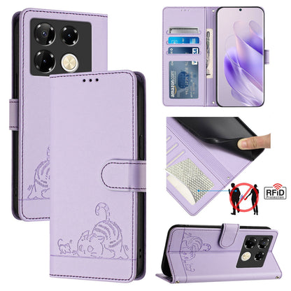 Infinix Note 40 Pro 4G X6850 Leather Phone Case with Cat and Rat Embossed Pattern, RFID Protection, Card Holder Slots, Anti-fall Feature & Lanyard