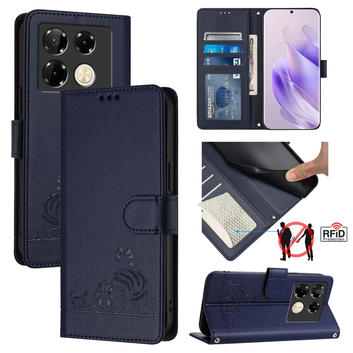 Infinix Note 40 Pro 5G X6851 Leather Phone Case with Cat and Rat Embossed Pattern, RFID Protection, Card Holder Slots, Anti-fall Feature & Lanyard