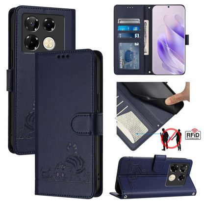 Infinix Note 40 Pro 5G X6851 Leather Phone Case with Cat and Rat Embossed Pattern, RFID Protection, Card Holder Slots, Anti-fall Feature & Lanyard