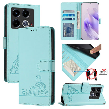 Infinix Note 40 Leather Phone Case with Cat and Rat Embossed Pattern, RFID Protection, Card Holder Slots, Anti-fall Feature & Lanyard