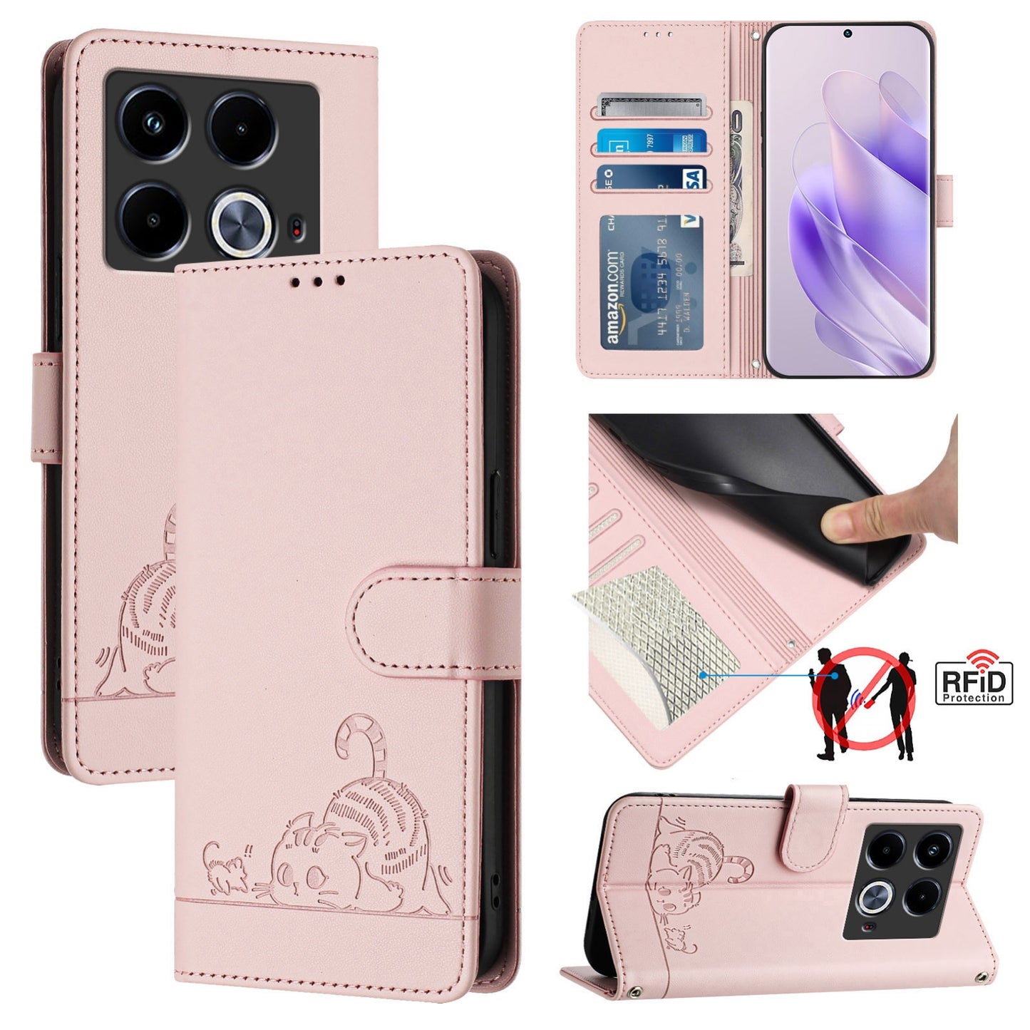 Infinix Note 40 Leather Phone Case with Cat and Rat Embossed Pattern, RFID Protection, Card Holder Slots, Anti-fall Feature & Lanyard