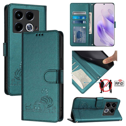 Infinix Note 40 Leather Phone Case with Cat and Rat Embossed Pattern, RFID Protection, Card Holder Slots, Anti-fall Feature & Lanyard