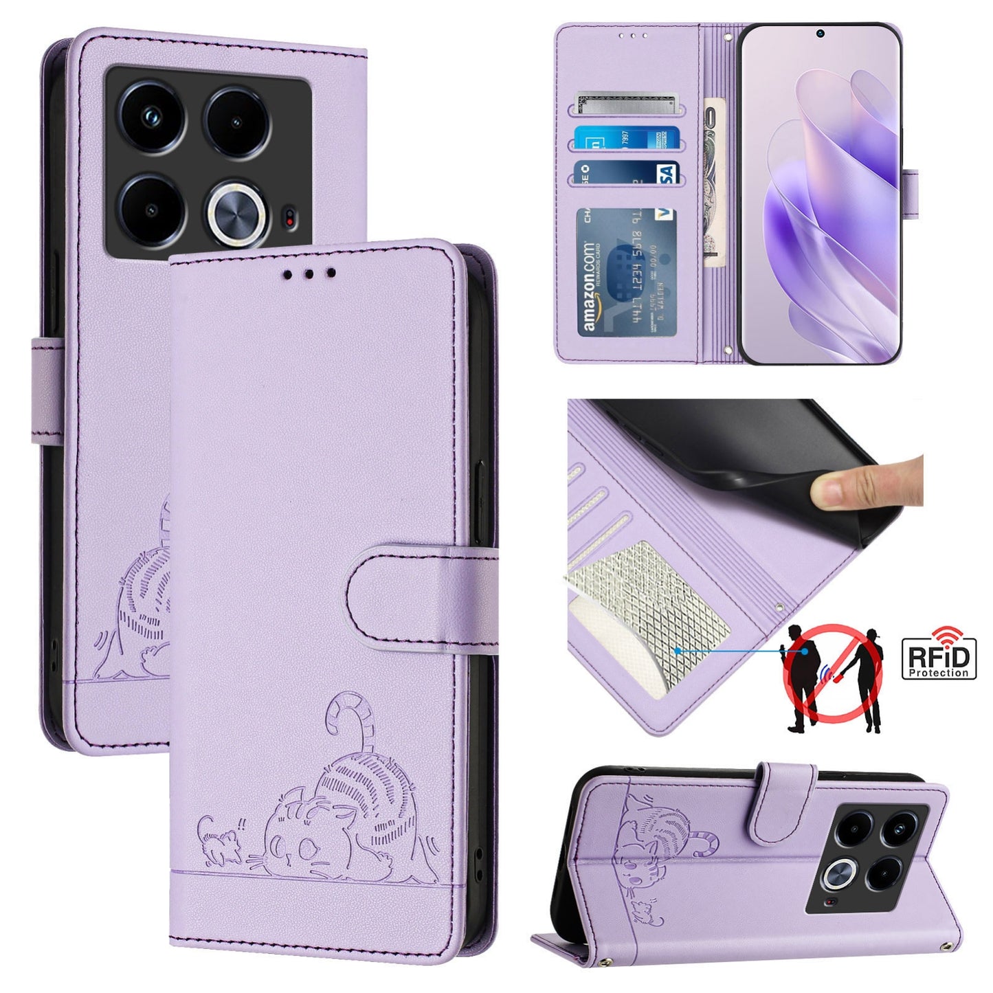 Infinix Note 40 Leather Phone Case with Cat and Rat Embossed Pattern, RFID Protection, Card Holder Slots, Anti-fall Feature & Lanyard