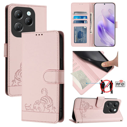 Infinix Hot 40 Pro Leather Phone Case with Cat and Rat Embossed Pattern, RFID Protection, Card Holder Slots, Anti-fall Feature & Lanyard