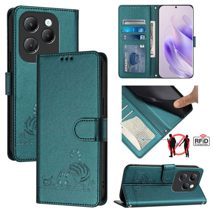 Infinix Hot 40 Leather Phone Case with Cat and Rat Embossed Pattern, RFID Protection, Card Holder Slots, Anti-fall Feature & Lanyard
