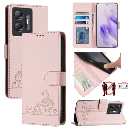 Infinix Hot 30 5G Leather Phone Case with Cat and Rat Embossed Pattern, RFID Protection, Card Holder Slots, Anti-fall Feature & Lanyard