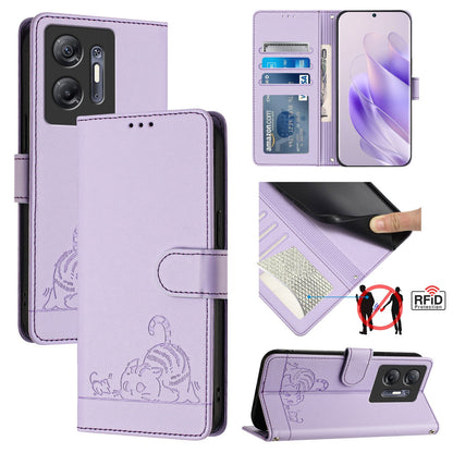 Infinix Hot 30 5G Leather Phone Case with Cat and Rat Embossed Pattern, RFID Protection, Card Holder Slots, Anti-fall Feature & Lanyard