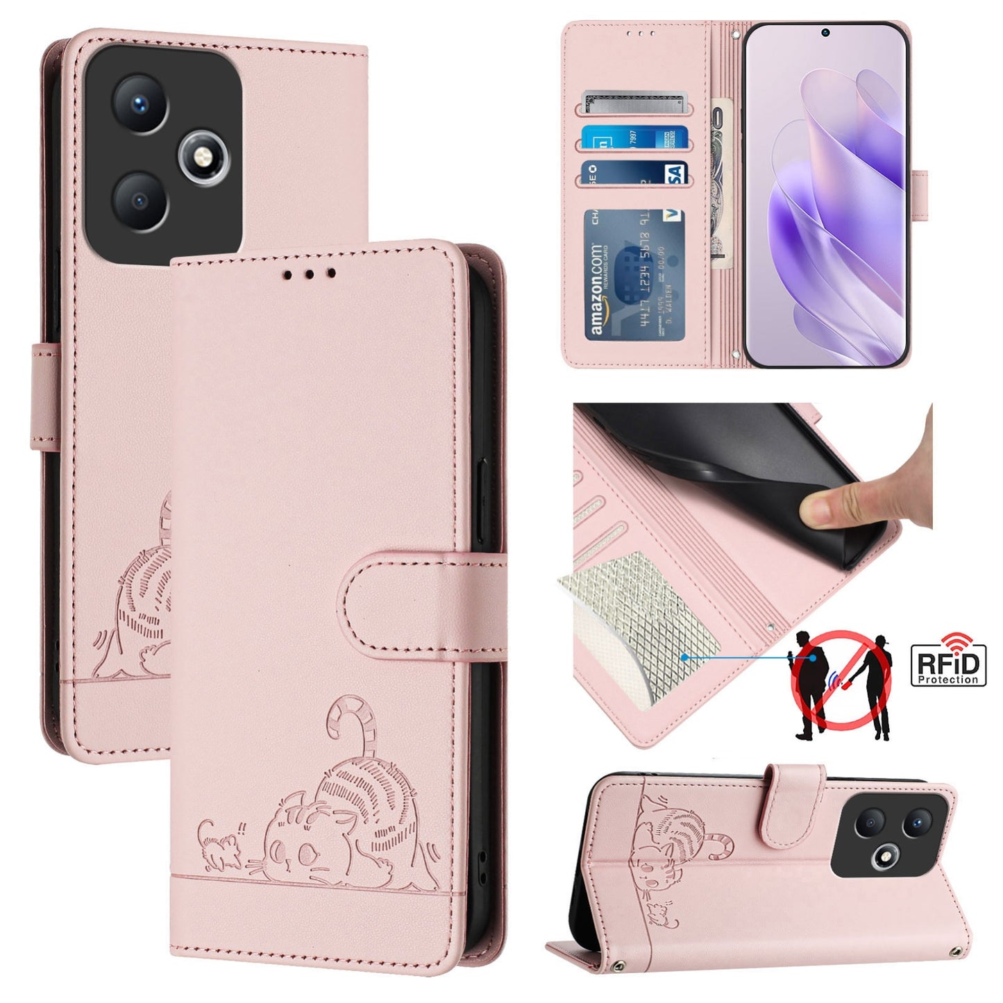 Infinix Hot 30 Play Leather Phone Case with Cat and Rat Embossed Pattern, RFID Protection, Card Holder Slots, Anti-fall Feature & Lanyard