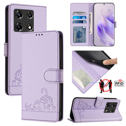 Infinix Note 30 5G x6711 Leather Phone Case with Cat and Rat Embossed Pattern, RFID Protection, Card Holder Slots, Anti-fall Feature & Lanyard