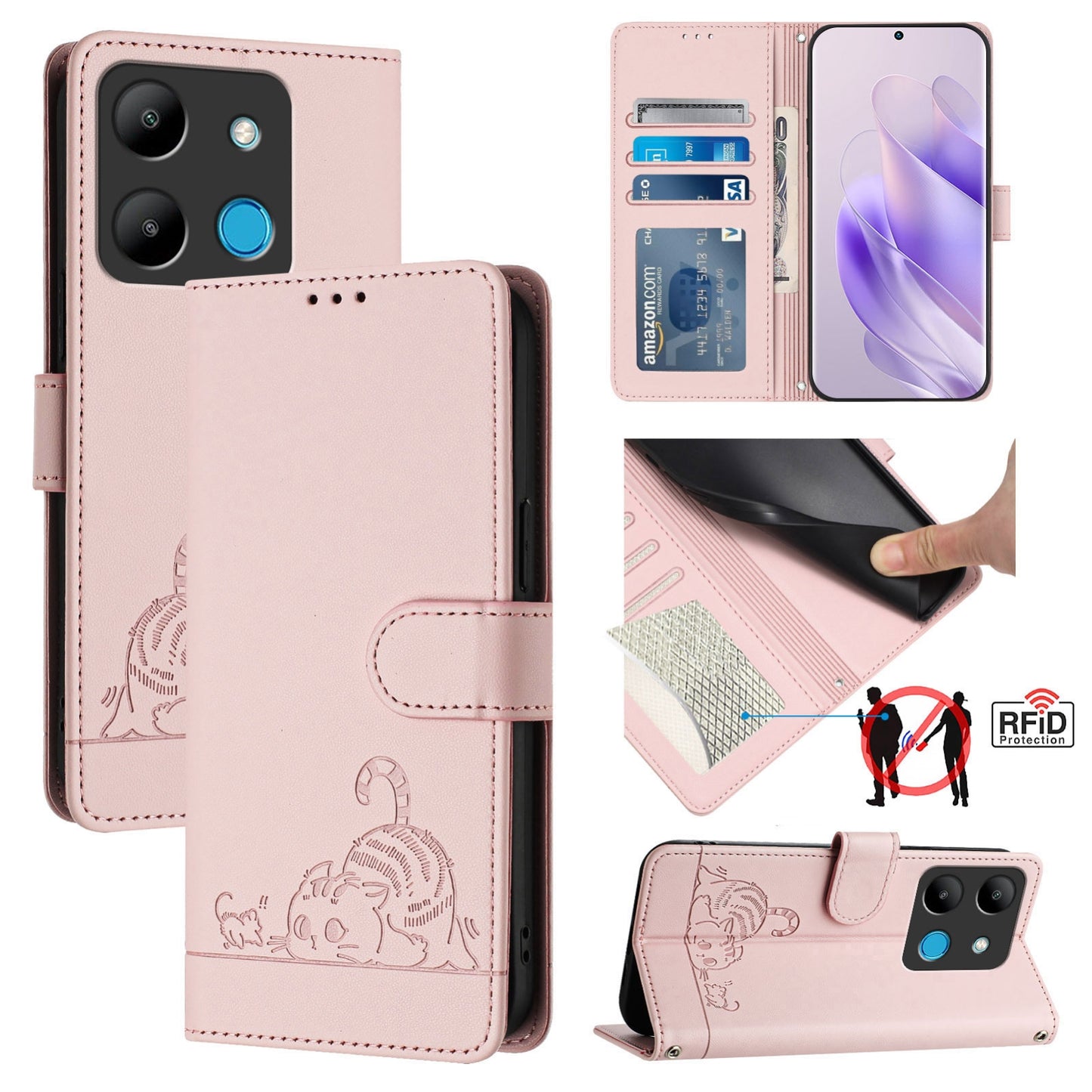 Infinix Smart 7 HD Leather Phone Case with Cat and Rat Embossed Pattern, RFID Protection, Card Holder Slots, Anti-fall Feature & Lanyard
