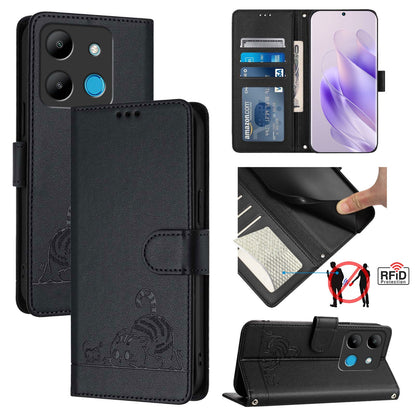 Infinix Smart 7 HD Leather Phone Case with Cat and Rat Embossed Pattern, RFID Protection, Card Holder Slots, Anti-fall Feature & Lanyard