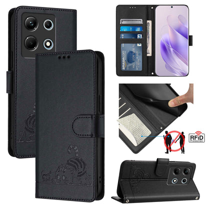 Infinix Note 30 4G X6833B Leather Phone Case with Cat and Rat Embossed Pattern, RFID Protection, Card Holder Slots, Anti-fall Feature & Lanyard