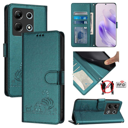 Infinix Note 30 4G X6833B Leather Phone Case with Cat and Rat Embossed Pattern, RFID Protection, Card Holder Slots, Anti-fall Feature & Lanyard