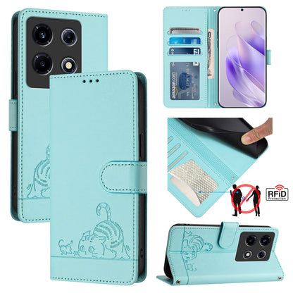 Infinix Note 30 VIP Leather Phone Case with Cat and Rat Embossed Pattern, RFID Protection, Card Holder Slots, Anti-fall Feature & Lanyard