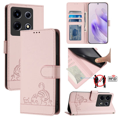 Infinix Note 30 VIP Leather Phone Case with Cat and Rat Embossed Pattern, RFID Protection, Card Holder Slots, Anti-fall Feature & Lanyard