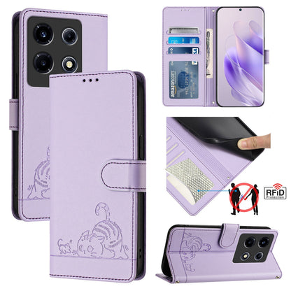 Infinix Note 30 VIP Leather Phone Case with Cat and Rat Embossed Pattern, RFID Protection, Card Holder Slots, Anti-fall Feature & Lanyard