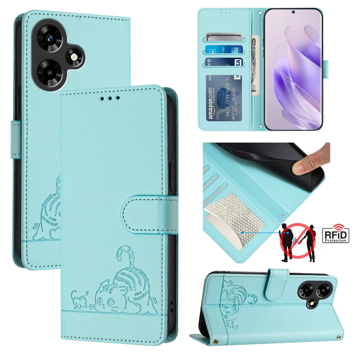 Infinix Hot 30I Leather Phone Case with Cat and Rat Embossed Pattern, RFID Protection, Card Holder Slots, Anti-fall Feature & Lanyard