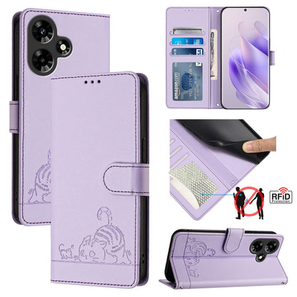 Infinix Hot 30I Leather Phone Case with Cat and Rat Embossed Pattern, RFID Protection, Card Holder Slots, Anti-fall Feature & Lanyard